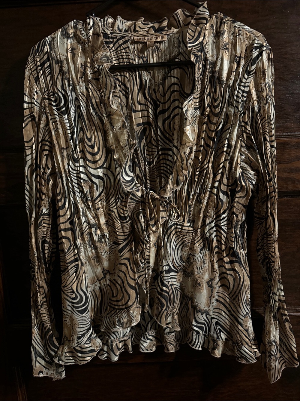 Notations Black & Cream Ruffled Tie-Front Blouse